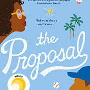 Cover of The Proposal, that is a light blue illustrated cover of a black woman and man with summer vibes.
