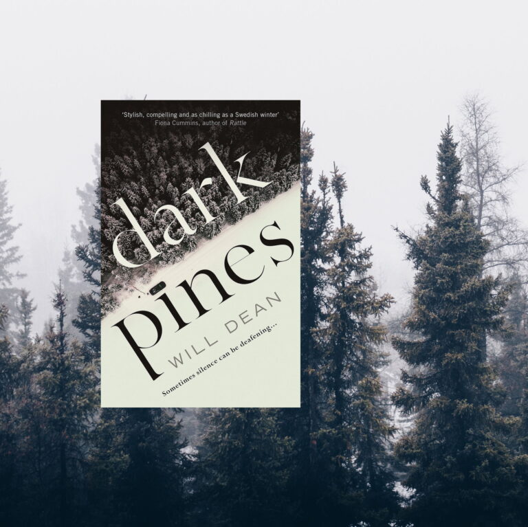 The cover of the book dark pines against a image of tall pine trees in the fog.