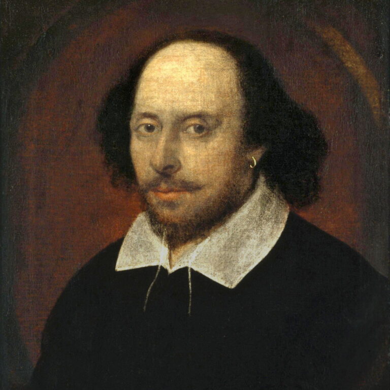A painting of Shakespeare. He has a serious expression with his hair back and an earring.