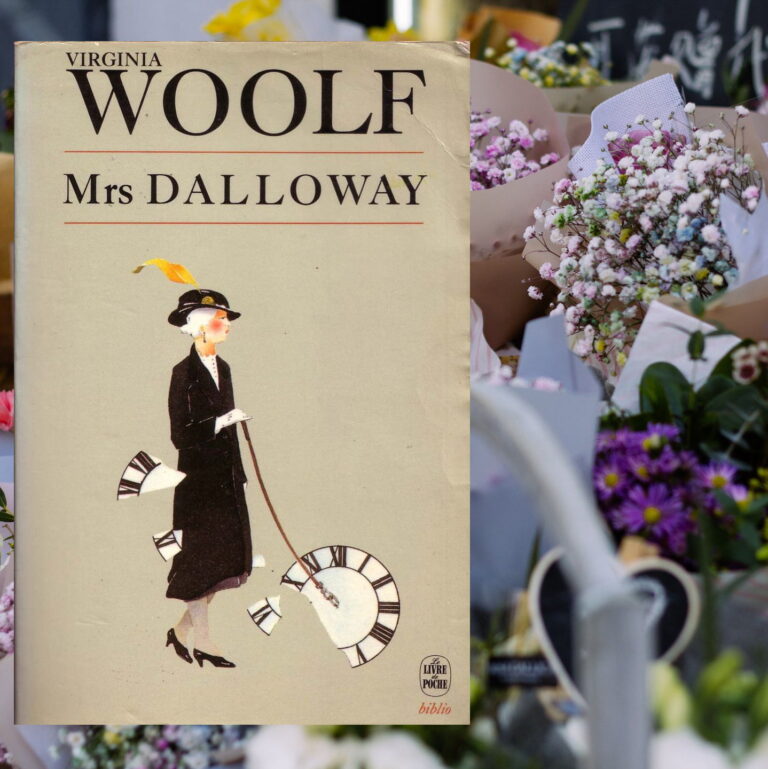 Book cover in front of several bouquets of flowers.