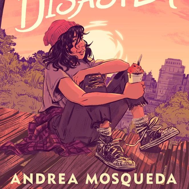 Book cover featuring Maggie with her cuffed jeans and flannel, enjoying an ice cream overlooking the city.