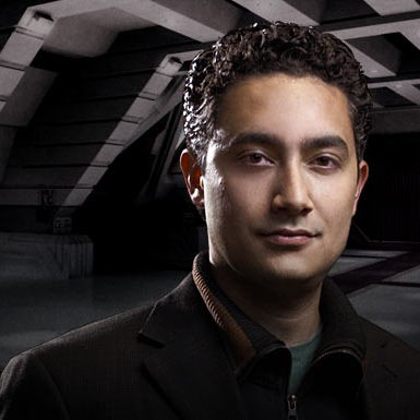 Felix Gaeta looking at the camera aboard the space ship.