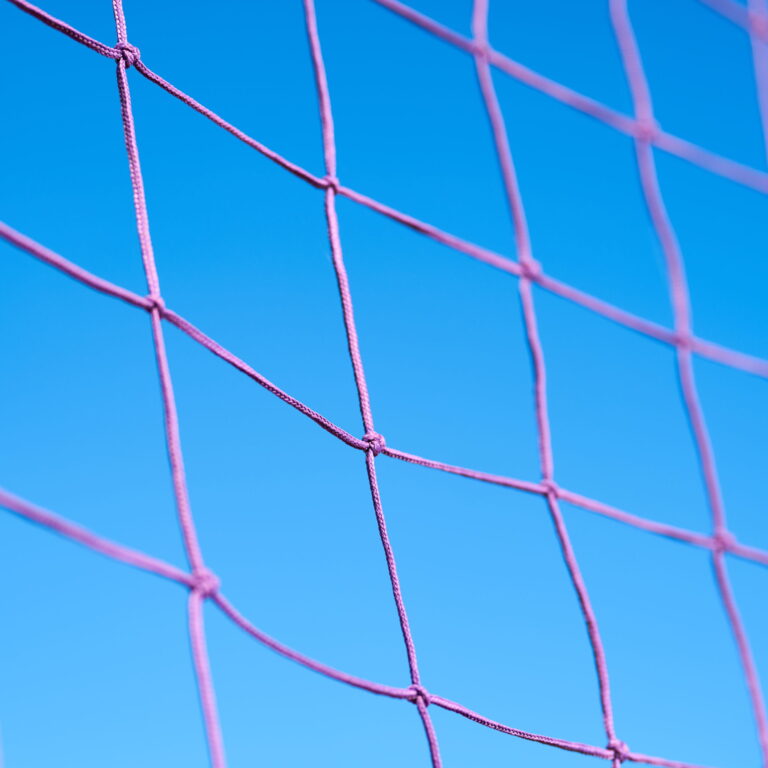 A closeup of a pink colored fence, and the light blue sky behind it.
