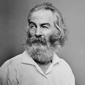 Black and white photo of Walt Whitman wearing a flannel plain shirt. He has a beard and long hair.