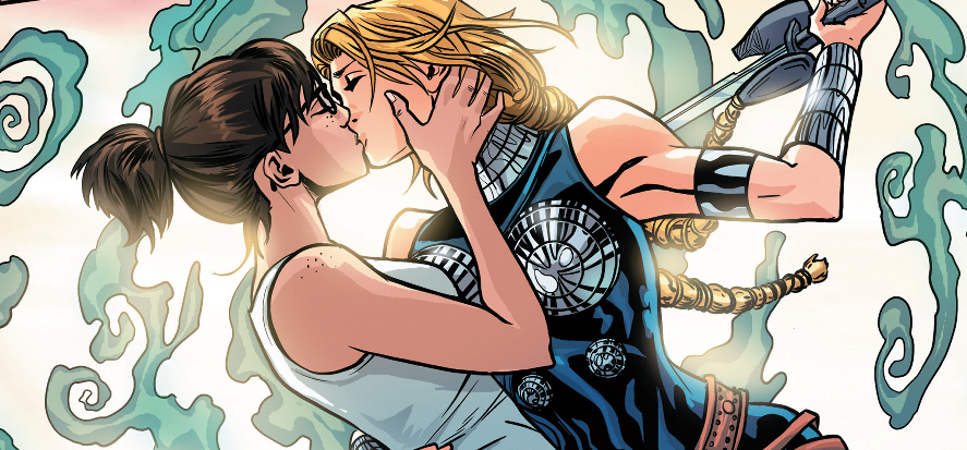Valkyrie and Annabelle kiss while in the middle of a battle field surrounded by mystical forms.