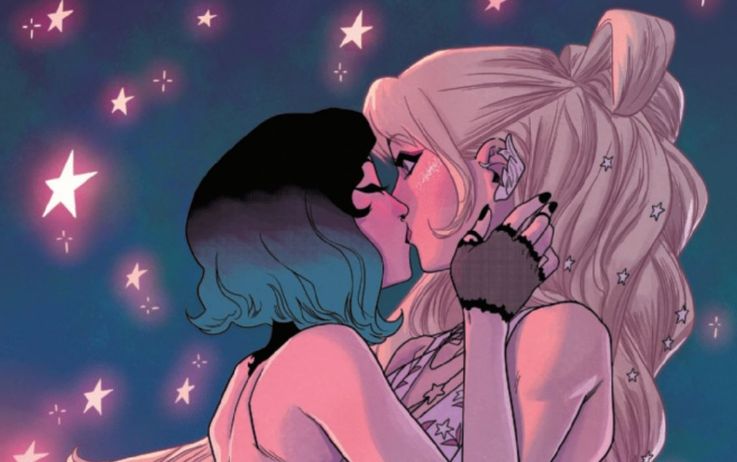 Nico going in to kiss a shocked Karolina. There are stars behind them.