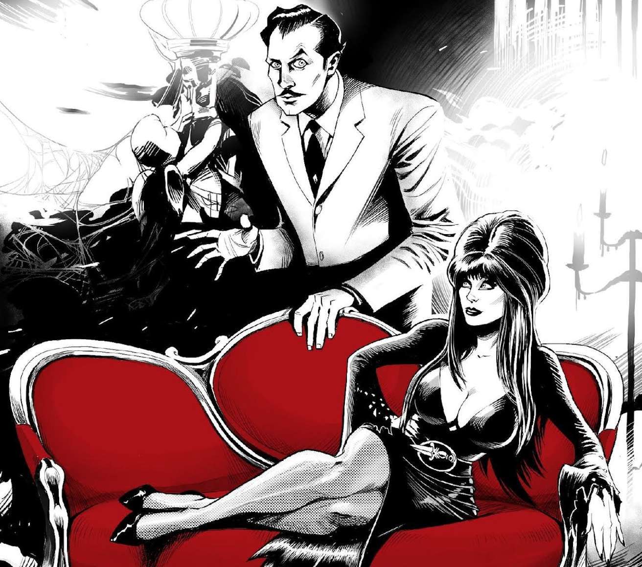 Ilustraci&oacute;n del c&oacute;mic donde Elvira est&aacute; tumbada en un sof&aacute; rojo oscuro posando mientras Vincent Price est&aacute; detr&aacute;s del sof&aacute; con un traje y una pose espeluznante. Aparte del sof&aacute;, todo lo dem&aacute;s est&aacute; en blanco y negro.