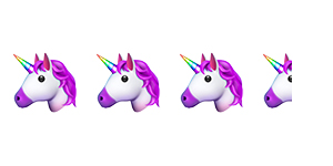 Three and a half unicorn head emojis with purple mane.
