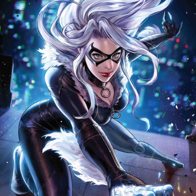 A stylized drawing of Black Cat posing on top of a building.