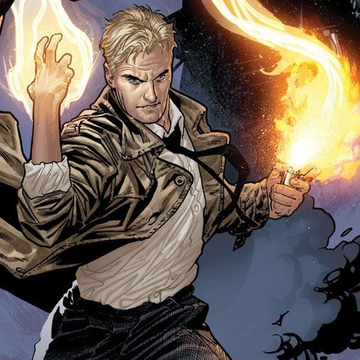 Cartoon drawing of John Constantine with his hand in flame and a torch in another.