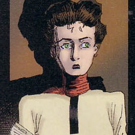 Comic drawing of Mina Murray wearing a scarf covering her neck and a worried expression.