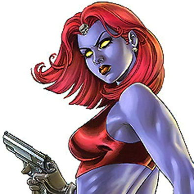 Comic drawing of Mystique in her natural form turning her head and holding a handgun.