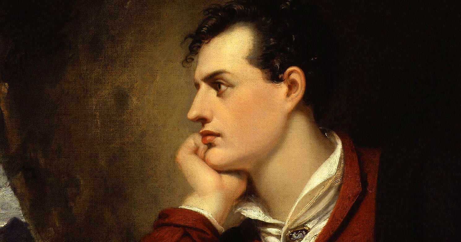 Una pintura de Lord Byron mirando a su lado contemplando, con la mano en la barbilla.