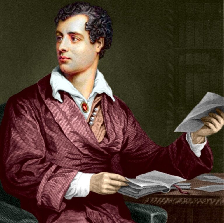 A drawing of Lord Byron looking to his side while sitting on a desk looking at a book.