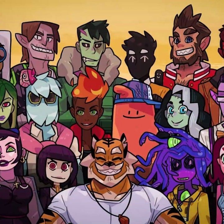 All of the characters in the video game standing for a class picture all different types of monsters.