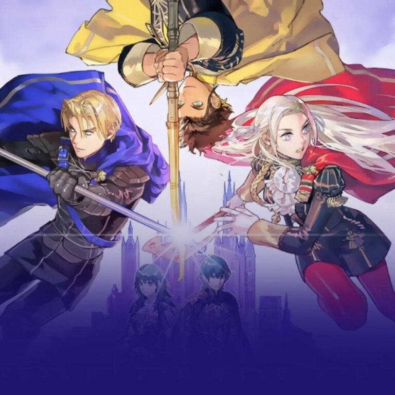 The 3 main supporting characters in their respective house colors of blue yellow and red. The man in blue has a spear, the young ethnic man has a bow and the long haired girl in red has an axe.