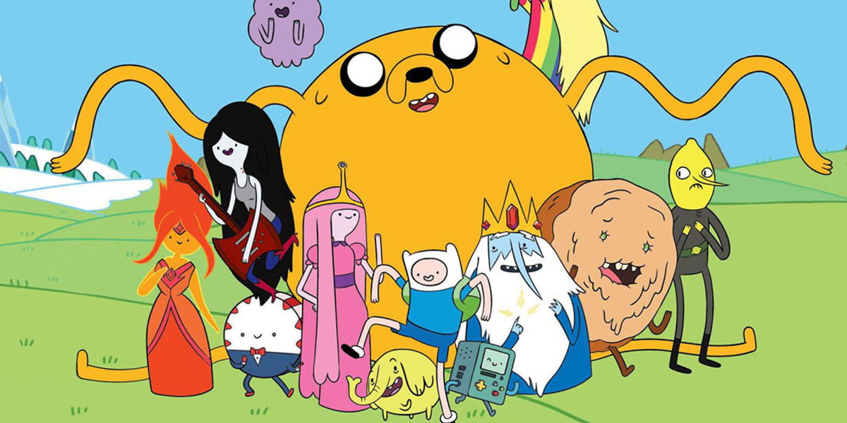 Los distintos personajes de hora de aventura posando para una foto en un campo.