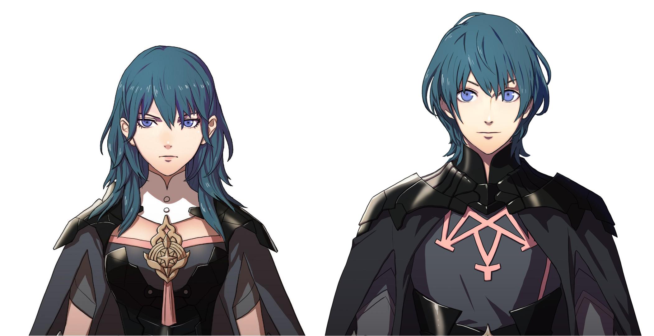 Las mujeres y los hombres Byleth, ambos visten sus t&iacute;picas t&uacute;nicas negras, tienen el pelo verde azulado oscuro y est&aacute;n sobre un fondo blanco.