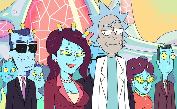 Rick and UNITY smiling coyly at eachother among other aliens of UNITY's planet.