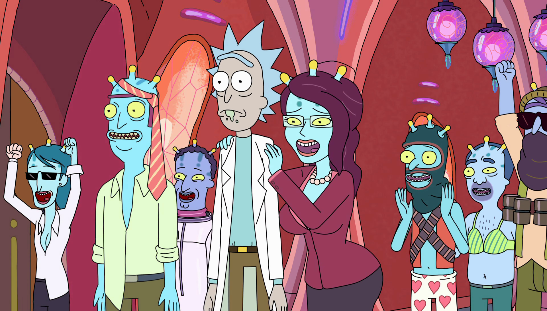 Rick and UNITY and other alien forms cheering for something, Rick is worried.
