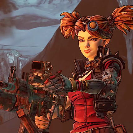 Gaige from Borderlands wearing her traditional red outfit and her redhair in pigtails, holding a large weapon with both hands and shooting, with a smirk on her face