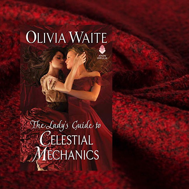 Book cover with a red drape behind it. Book cover has two women embracing.