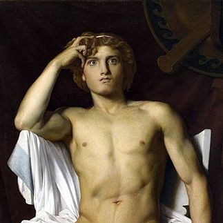 A painting of Achilles sitting on a robed chair without clothes with a hand on his head.