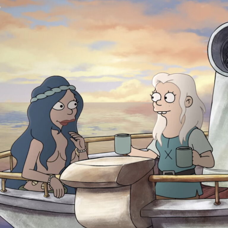 Princess Bean and Mona on the deck of a boat sharing a drink together while the sun sets.