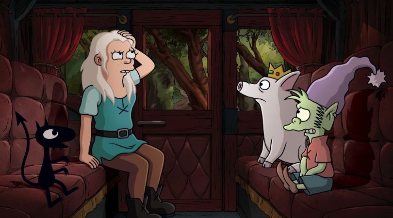 Imagen de La princesa Bean, Luci, Elfo y el pr&iacute;ncipe Merkimer viajan dentro de un carruaje, Bean tiene una expresi&oacute;n de enojo en su rostro.