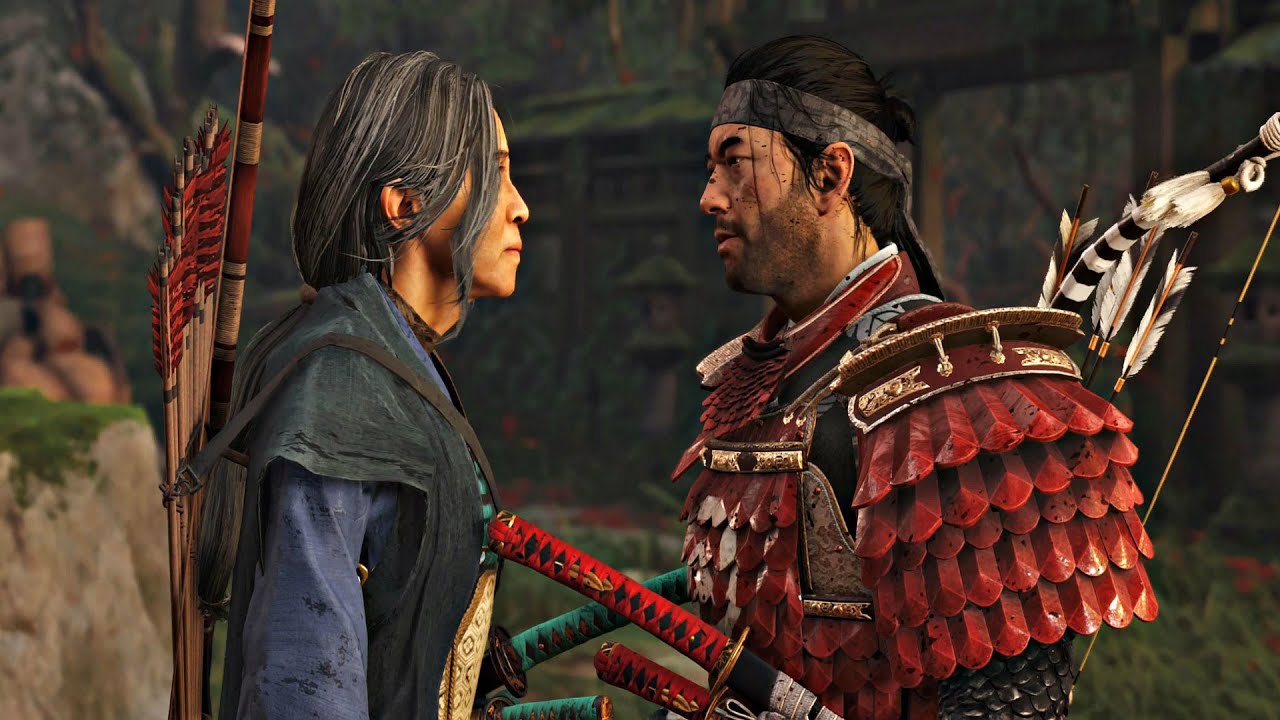 Photo of Lady Masako confronting Jin during a mission, with a temple in the background.