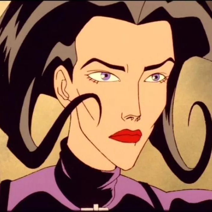 Aeon Flux animated, with gun in her hand and her looking to the distance calmly.