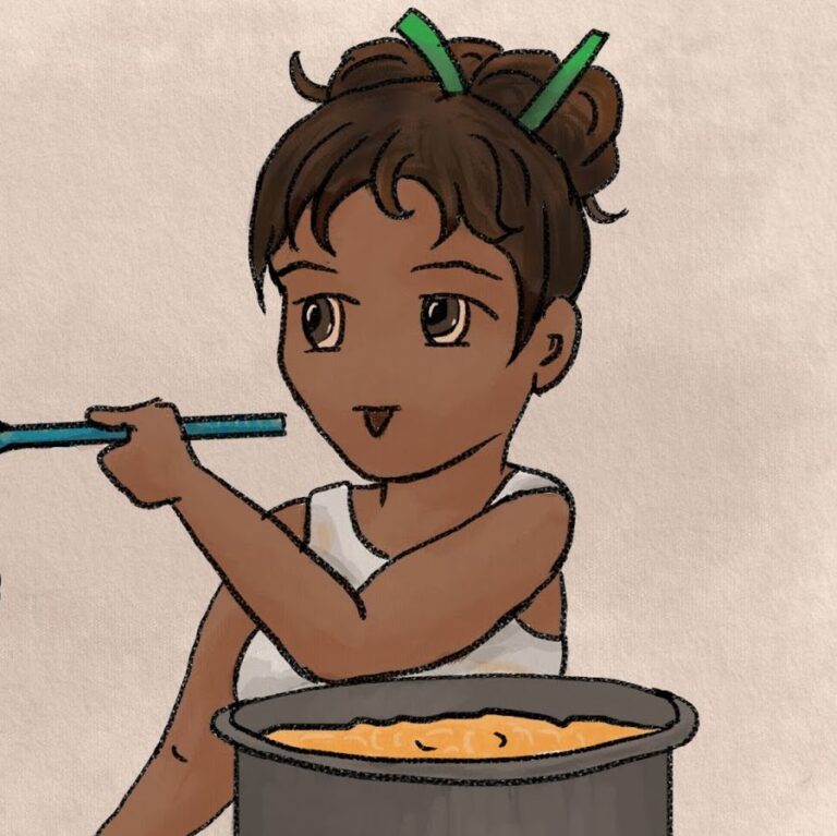 Image of Aviva with a pot of food she had been cooking, she is holding a spoon in her hand and has a white tanktop.