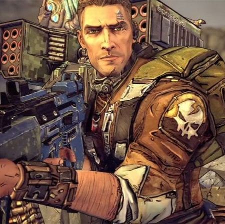 Axton from the video game holding a waapon in military gear looking to the side.