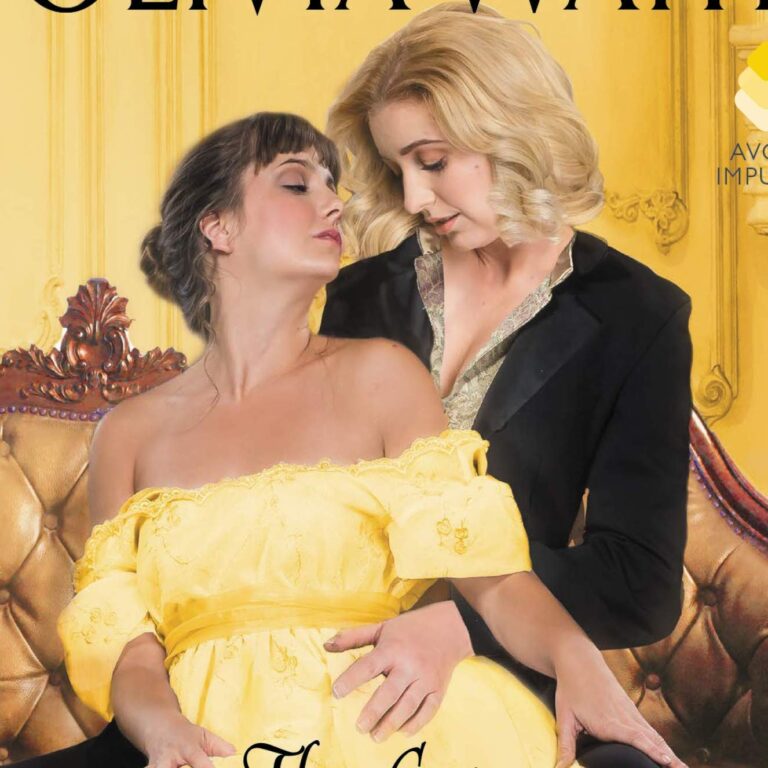 The book cover that has two women, one wearing a long golden dress and the other woman has a blazer type suit, both are looking at each other with their eyes closed.
