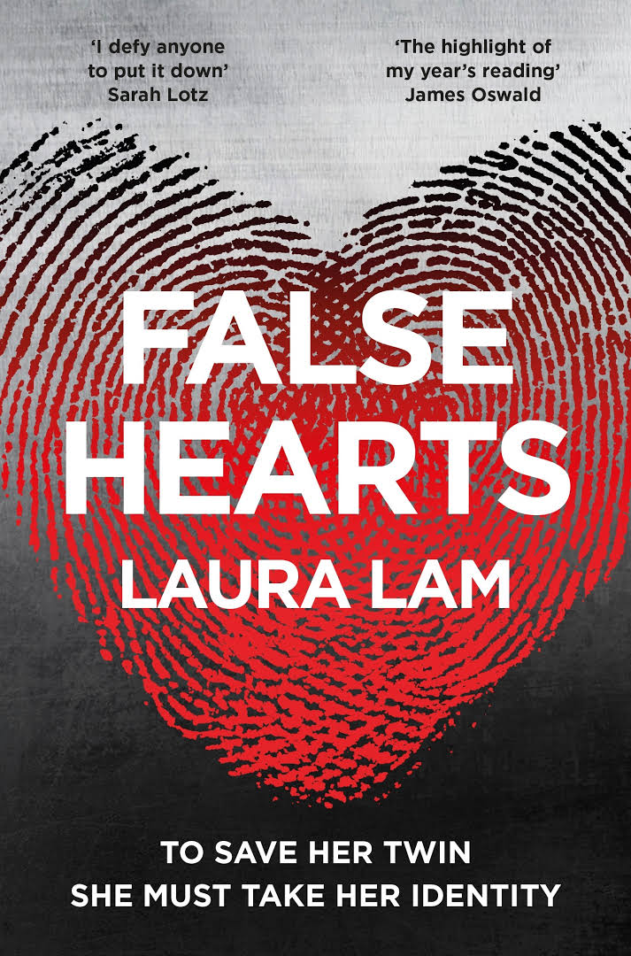 The book cover of False Hearts where it has two finger prints blending together to make a heart.