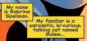 Image from the comics where it says My familiar is a sarcastic bicurious talking cat.