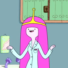 Princess Bubblegum wearing a nurse outfit in a doctors office. She is smiling and has long pink hair