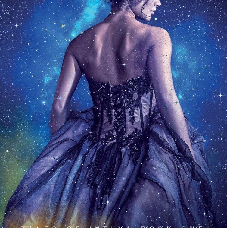 The book cover features a woman wearing a purple dress that shows the backside, with space background.