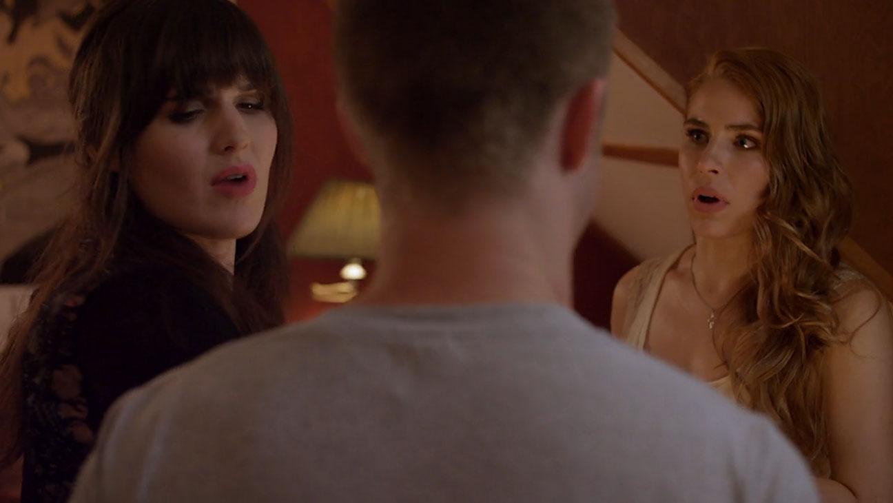 Image of Ricky and Francesca looking annoyed together at Robbie in a room.