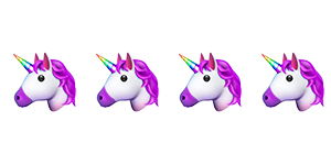 3 Unicorn head emojis with purple hair and rainbow horn.
