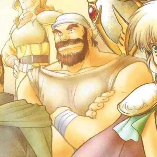 Dadgar crossing his arms facing a direction alongside his companions.