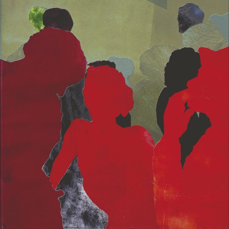 Book cover featuring abstract art of figures in red and other behind in dark colors.