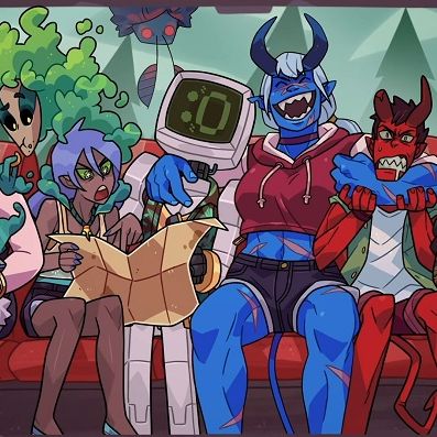 Several of the different monster characters all sit togther in a couch showing their different personalities alongside eachother.