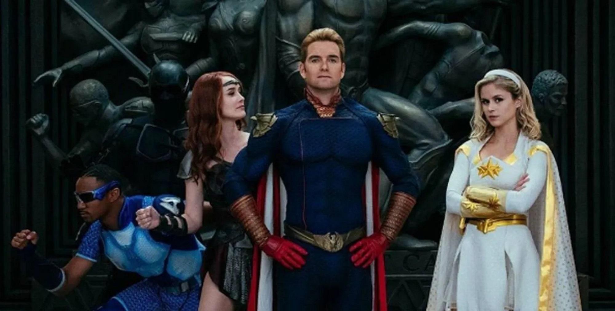 Starlight, Homelander, Queen Maeve, and A Train posing.