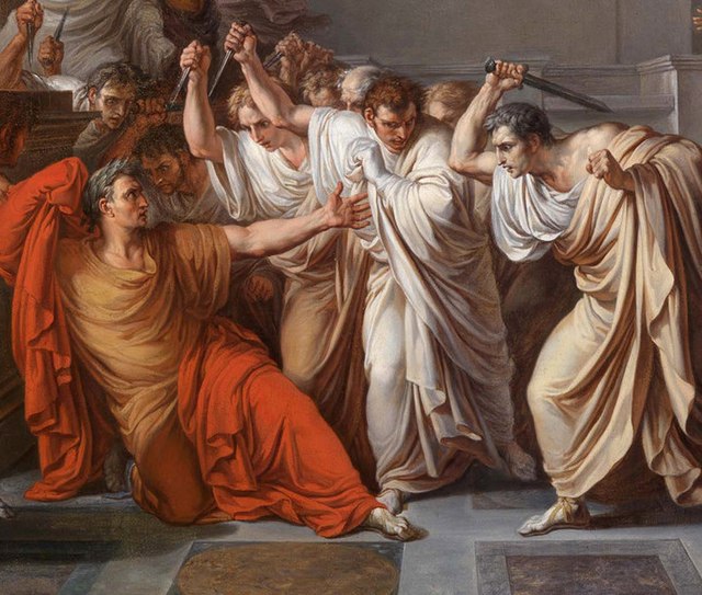 Painting with vibrant colors and thin lines of Caesar being stabbed by his followers.