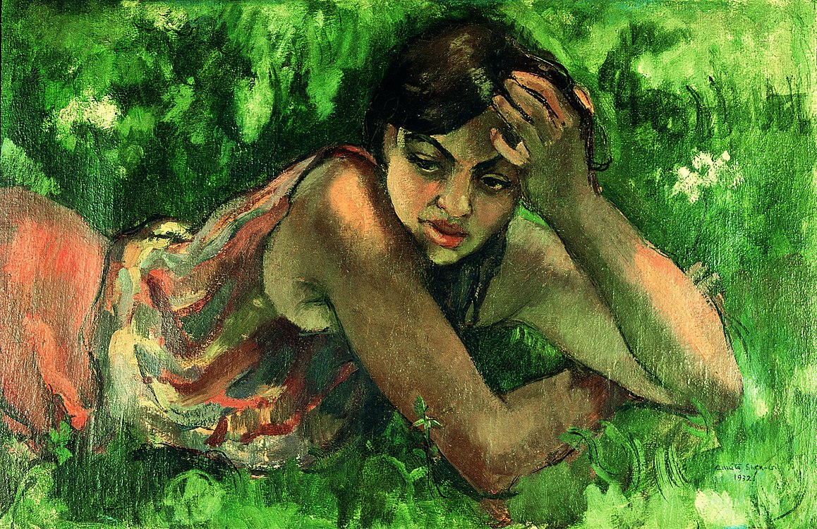 Painting by Amrita featuring an Indian woman laying on the ground with a hand on her head looking to her side with a serious face.
