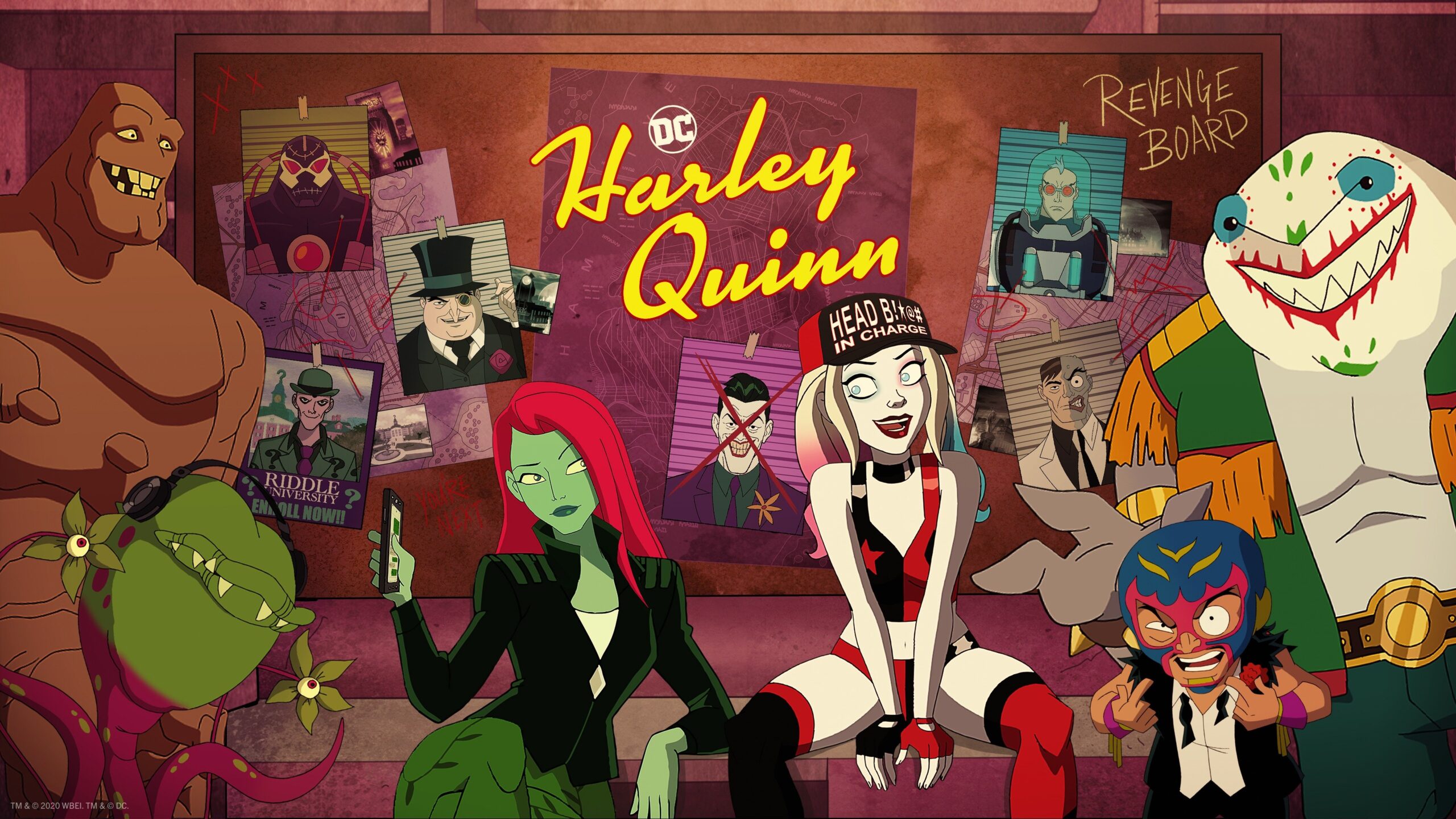 Harley sitting next to Gotham's supervillains smiling.