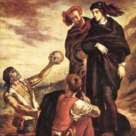 Cover of Hamlet featuring the characters in a old painting style.