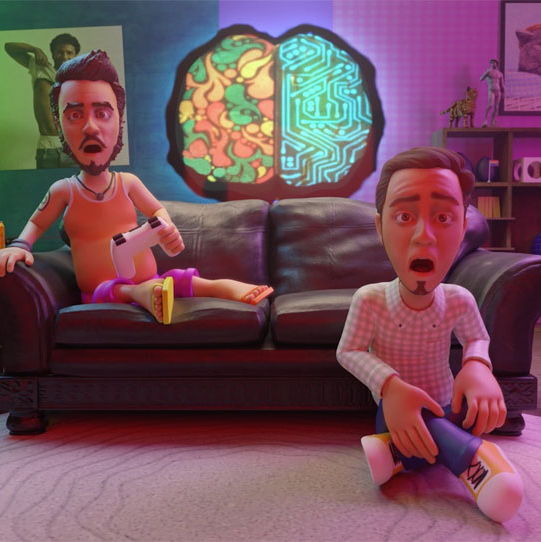 Two claymation style guys sit on a couch playing a video game with shocked expressions.