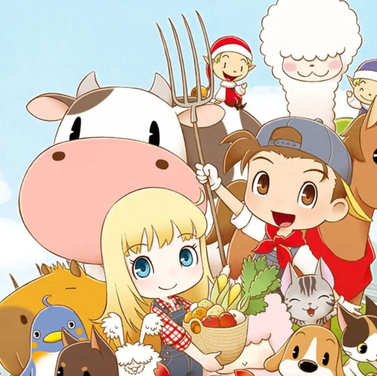 The colorful cast and animals of Story of Seasons huddled together at the farm.